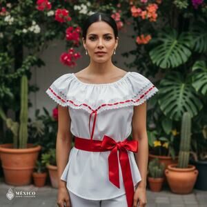 White Mexican Blouse with Lace Trim – Lightweight Chiffon-Style Top for Women